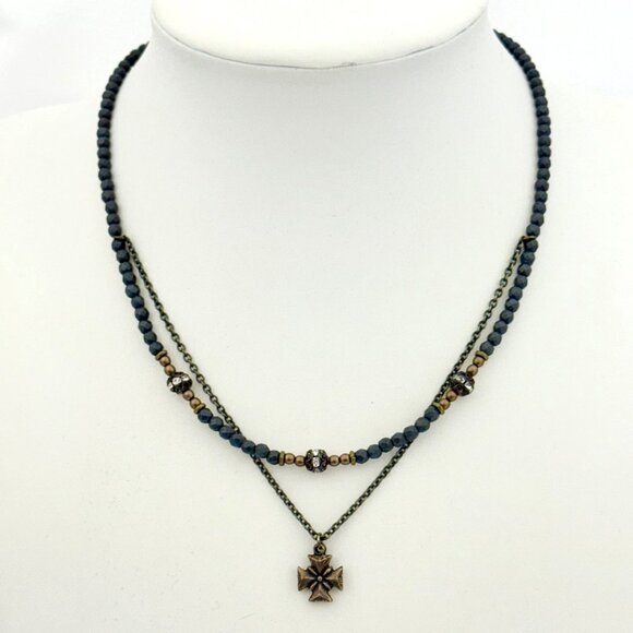 Layered Tiny Maltese Cross Necklace w/Crystal Beads/Rhinestone Accents - Picture 1 of 4